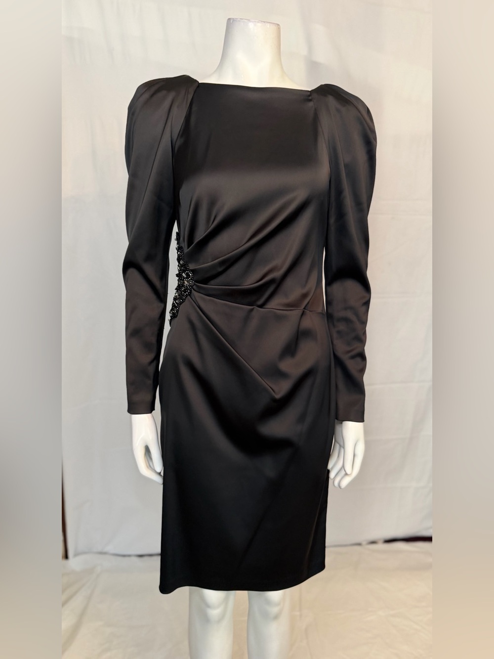 David Meister Black Satin Long-Sleeve Sheath Dress with Draped Waist